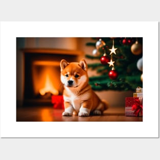 Cute Shiba Inu Puppy's First Christmas Posters and Art